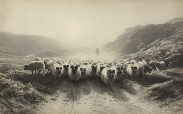Print, late 19th-early 20th century Leaving the Hills, 1874 After Joseph Farquharson (1846-1935) Scotland Gift of Werner von Bergen, 0000.329 Joseph Farquharson was a Scottish painter, known especially for his winter landscapes scenes with sheep. He exhibited almost annually at the Royal Academy in London and found commercial success with prints made from his paintings.