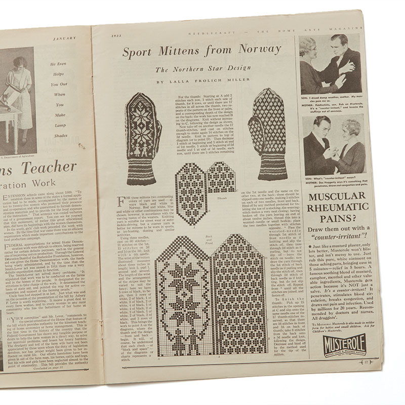 Interior page from the January 1933 issue of Needlecraft: The Home Arts Magazine with the pattern and charts for making Sport Mittens from Norway. Collection of PieceWork. Photograph by George Boe.