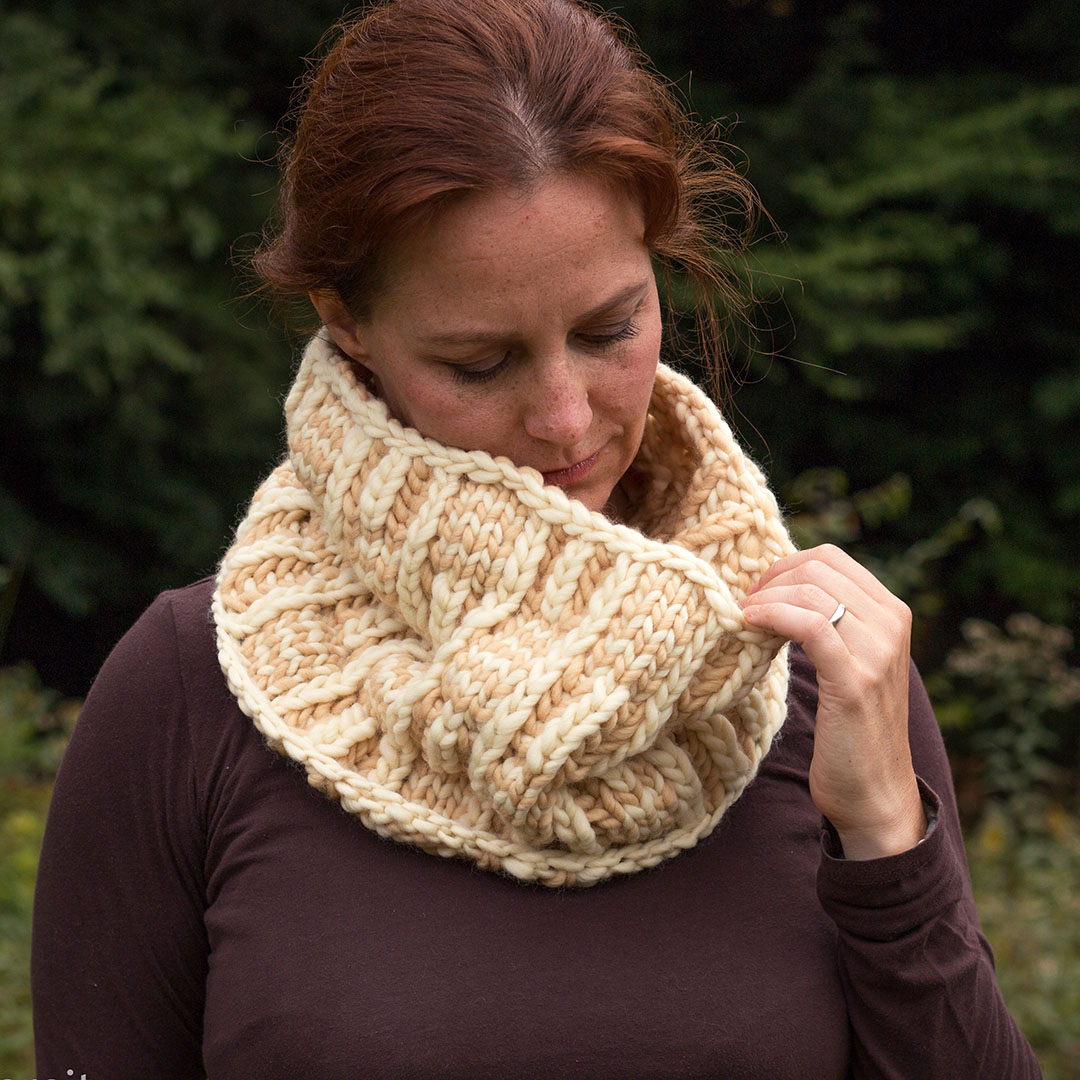 Some of her patterns are quick knits like Billow, a brioche and stripe basket weave cowl worked on US #15 (10mm) needles, creating a wonderfully squishy fabric perfect for staving off winter’s chill.