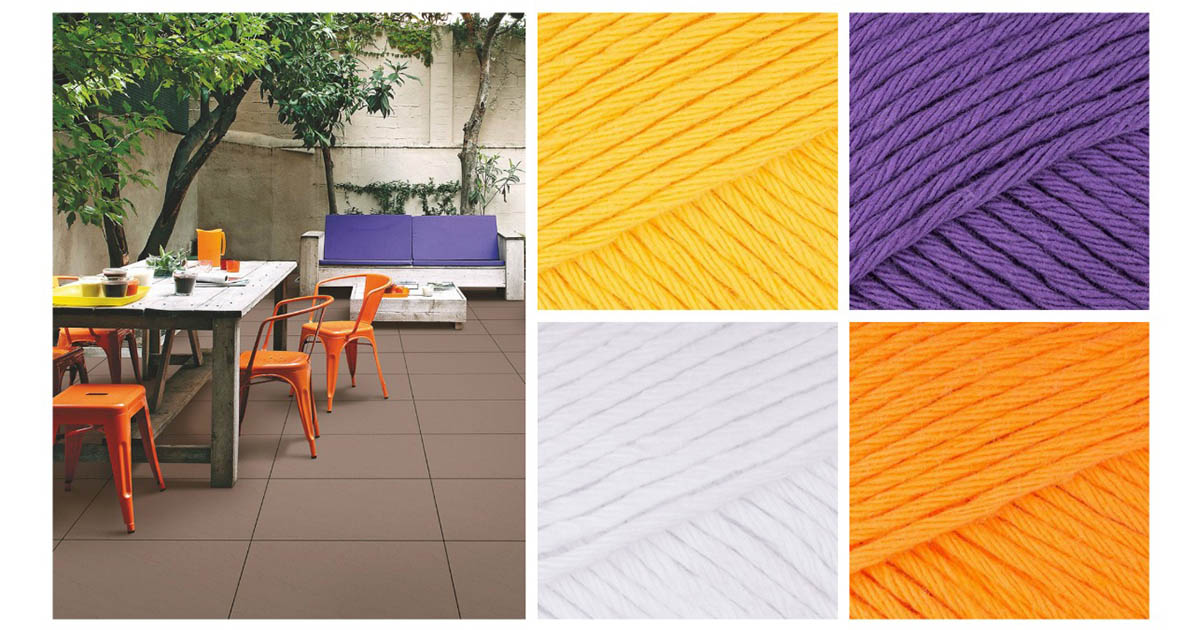 A room that has props of bright could use a Mandala Cushion in buttercup yellow, pansy purple, paper white, and Seville orange. | Photo Credit: Pixabay and Paintbox Yarns