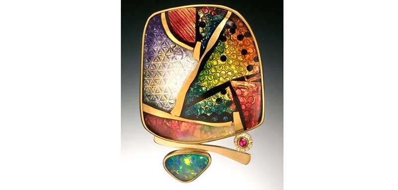opal, gemstones and enamels combine in this brooch by Ricky Frank