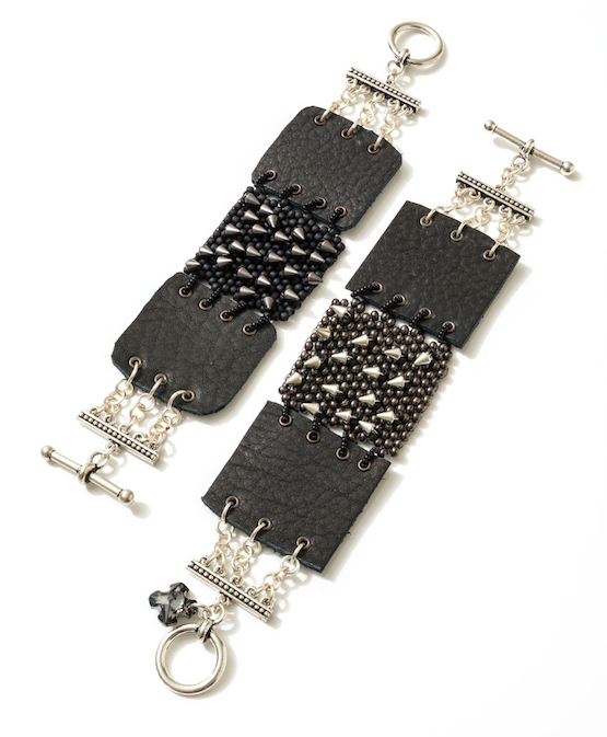 Riveted & Leather Bracelet with seed beads and spike fringe