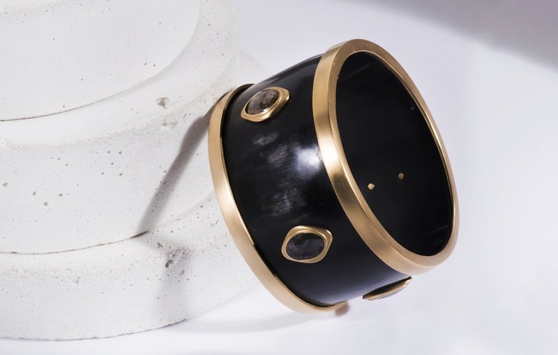 The unusual combination of cow horn and black diamonds set off by 18k yellow gold in this bracelet is indicative of Sandy Leong’s bold design style. Courtesy Sandy Leong Jewelry.