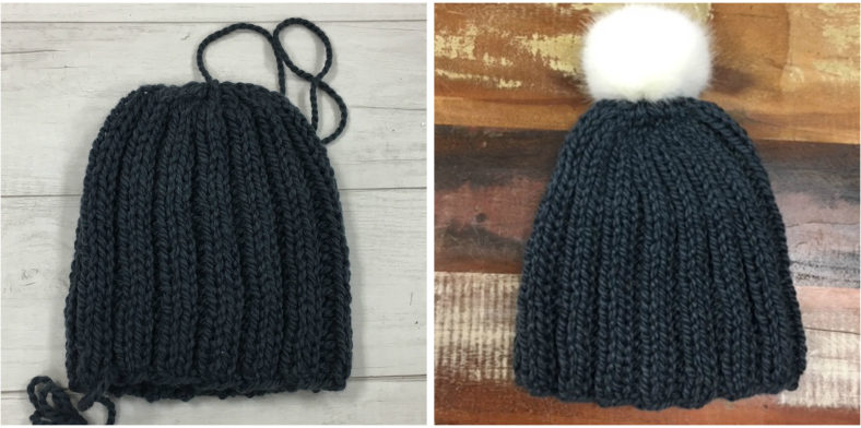 My finished knit hat, with and without the pom-pom.