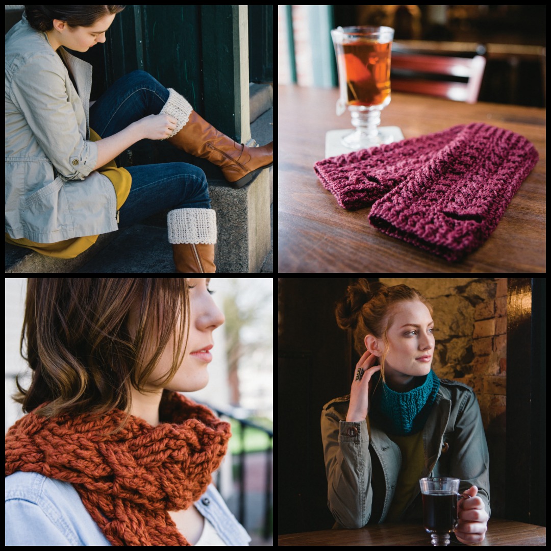 Clockwise from top left: Cabled Boot Cuffs, Satinées Wine Wristers, Silky and Chic Cowl, and One Big Braid Scarf from <em>Celtic Cable Crochet.</em> Photos by Chris Demsey.