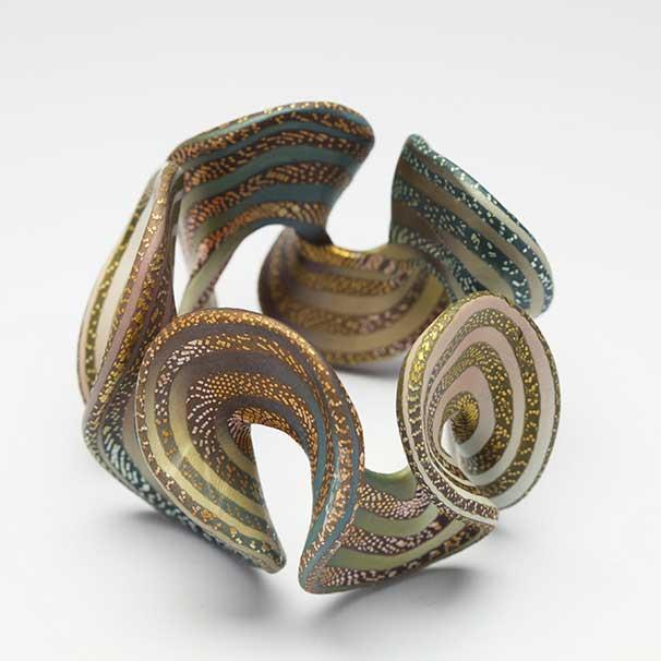 Woodland Ruffle Cuff, 2008 Polymer and acrylic paint 3 x 4 x 4 1/8 inches Racine Art Museum, Gift of Elise Winters and Sherwood Rudin Photo credit: Penina Meisels
