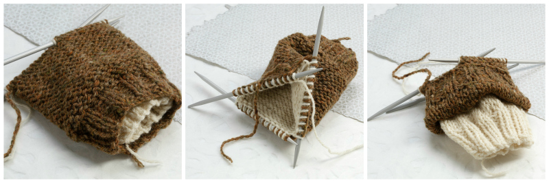A sample of knitting two socks at once by Jacqueline Fee showing a brown outer sock and a white inner sock for contrast.