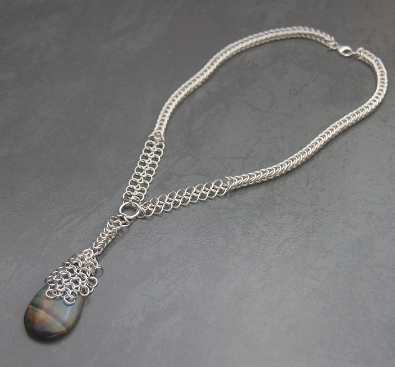 Sterling silver chain maille necklace with tigereye; photo: Kylie Jones.