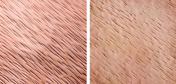 Texturing metal ideas are endless. The left sample shows one hammer, one direction with a goldsmith’s hammer on the diagonal. The right sample shows two hammers, two directions with a commercial texture hammer all over and a goldsmith’s hammer on the diagonal.
