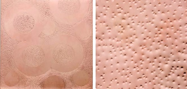 Texturing metal ideas are endless. The left sample shows diamond bur within drawn outlines. The right sample shows all-over dimpled texture with embossing hammer.