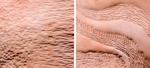 Texturing metal ideas are endless. The left sample shows two hammers in a transitional pattern chasing hammer balled peen one edgge and a riveting hammer, cross-peen on opposite edge. The right sample shows a screwdriver-turned metal stamp and planned pattern with an all-over design..
