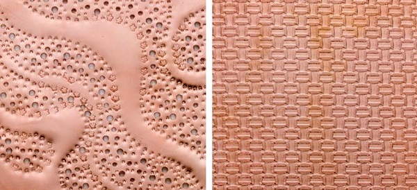 Texturing metal ideas are endless. The left sample shows a stamped pattern with a drilled hole. The right sample shows a commercially patterned brass plate impressed into copper.