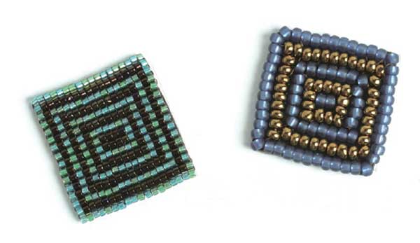 Delicas stitched together in the square on the left; Czech seed beads stitched together in the beaded square on the right
