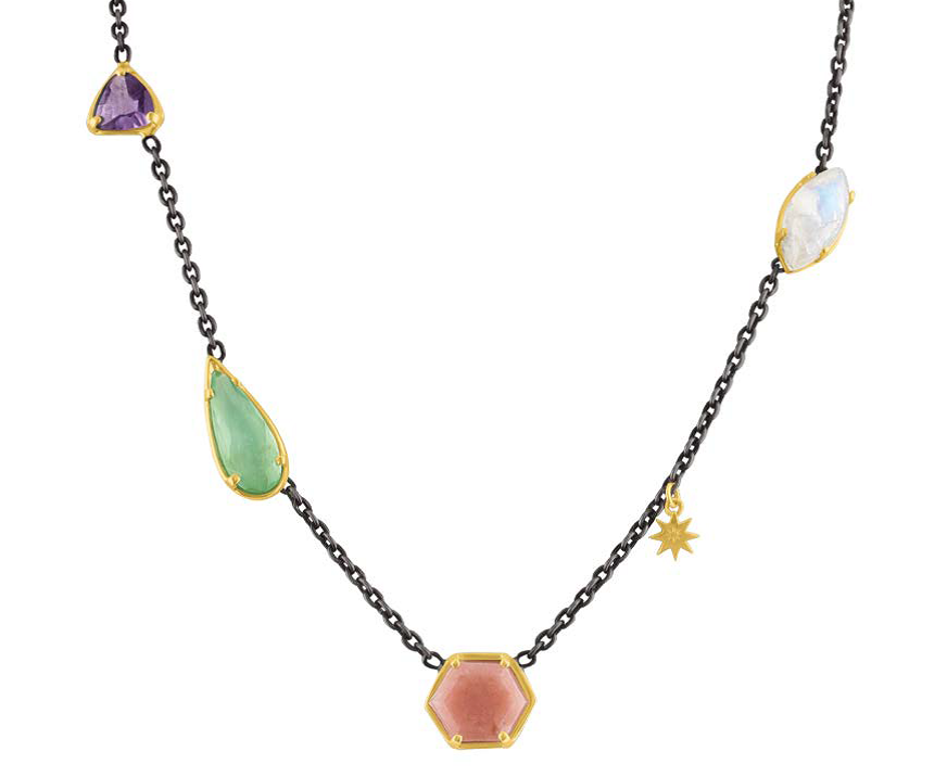 Amy Glaswand’s Mixed Stone Necklace was shown in Trends in Lapidary Journal Jewelry Artist September/October 2018. 18K yellow gold, oxidized sterling silver, rose quartz, amethyst, moonstone, and chalcedony. Photo courtesy Amy Glaswand