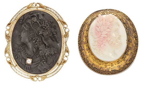 carved jet and shell cameos with seed pearls