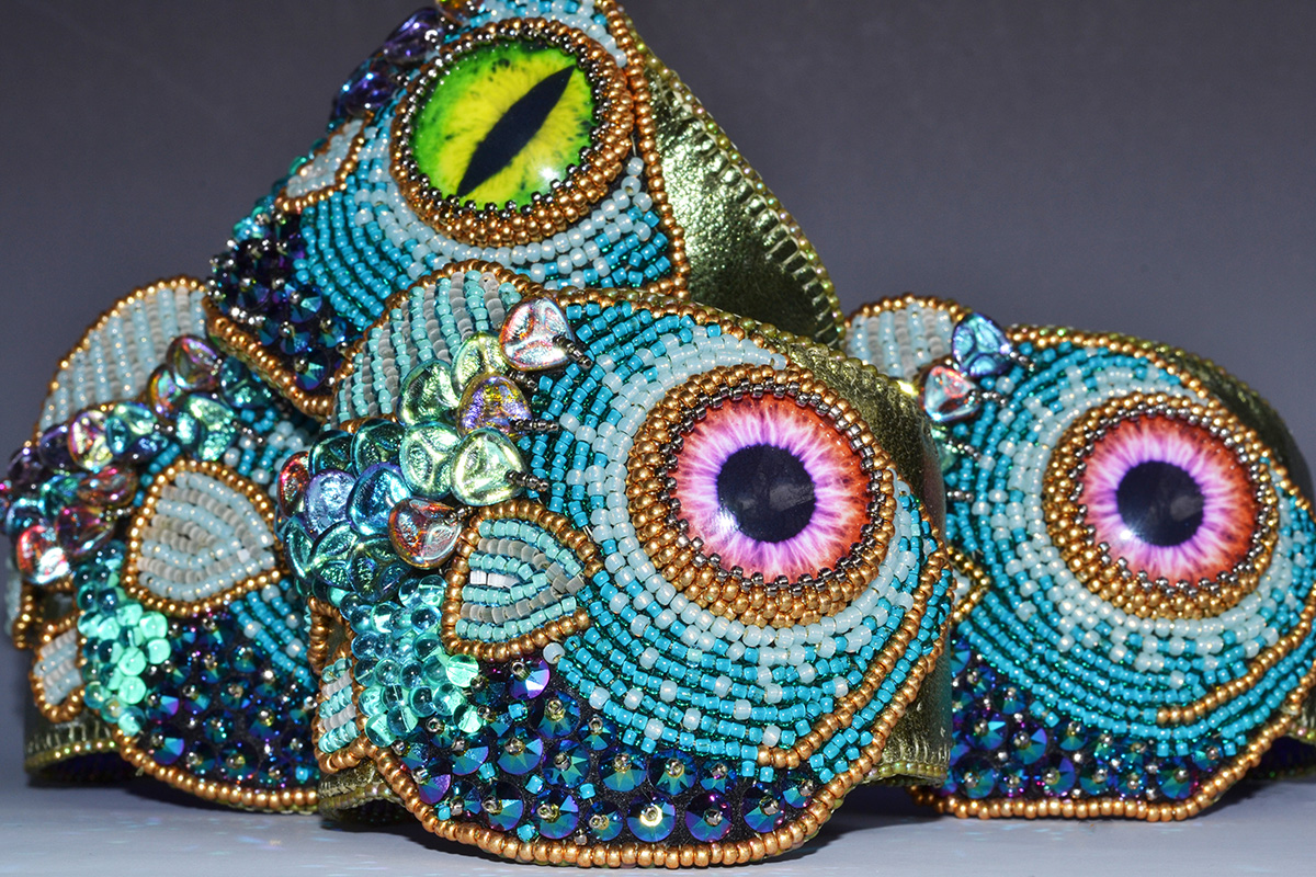 Bead embroidered fish cuffs. Creative Bead Embroidery 1 and 2 with Kinga Nichols