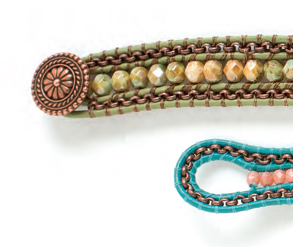 Terra Haute Wrap Bracelet, by Arlene Kauffman. Leather Jewelry Making issue. Beads and chain wrapped with beading thread to form bracelet