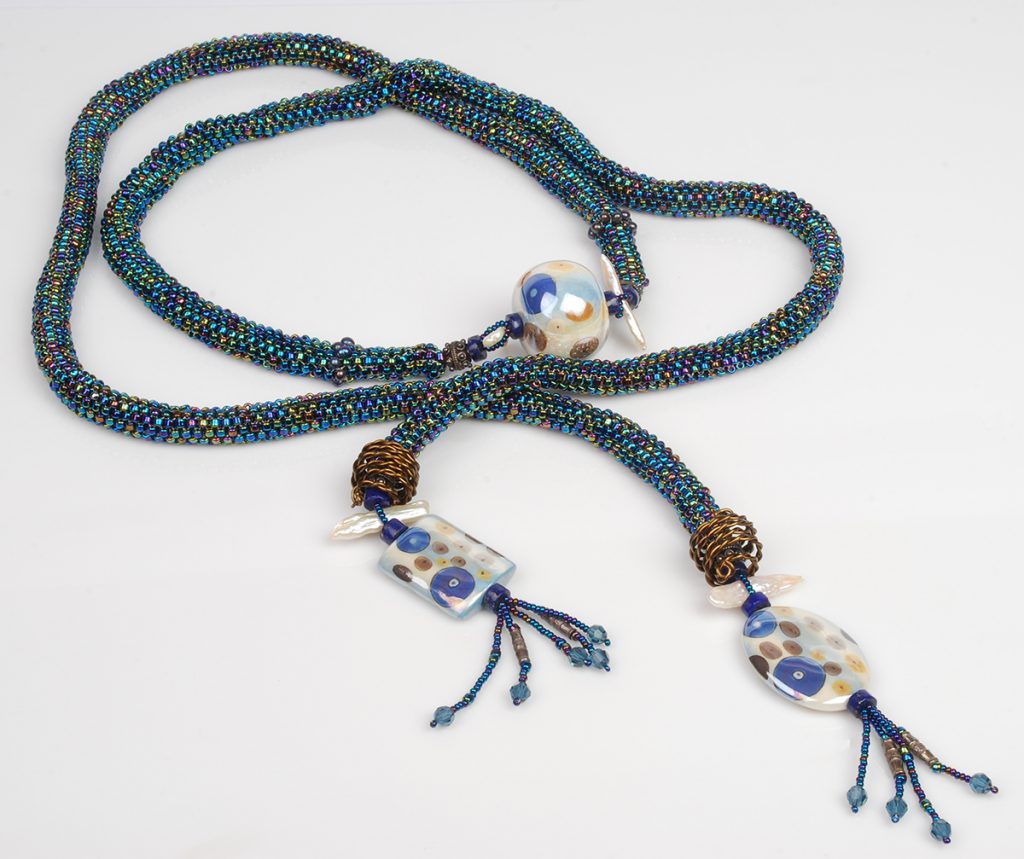 beaded ropes, tubular peyote, handmade painted porcelain beads
